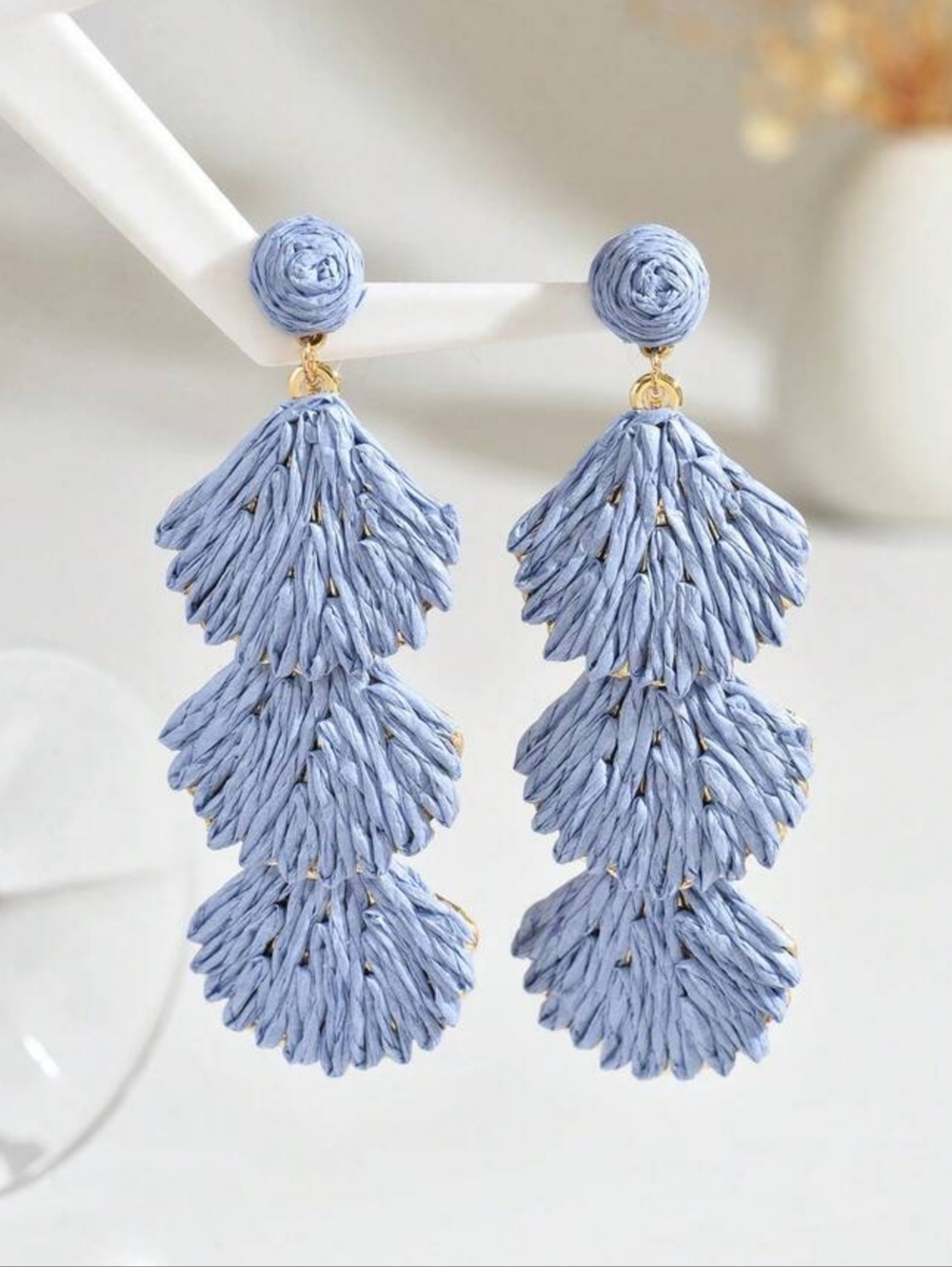 Baby Blue Raffia Earrings 3.5"L X 1.26"W NWOT